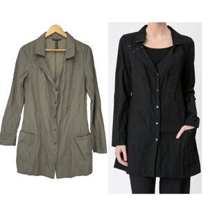 SARAH PACINI Button Down Pouch Pockets Eyelets Long Sleeves Green Coat 1 *FLAW*